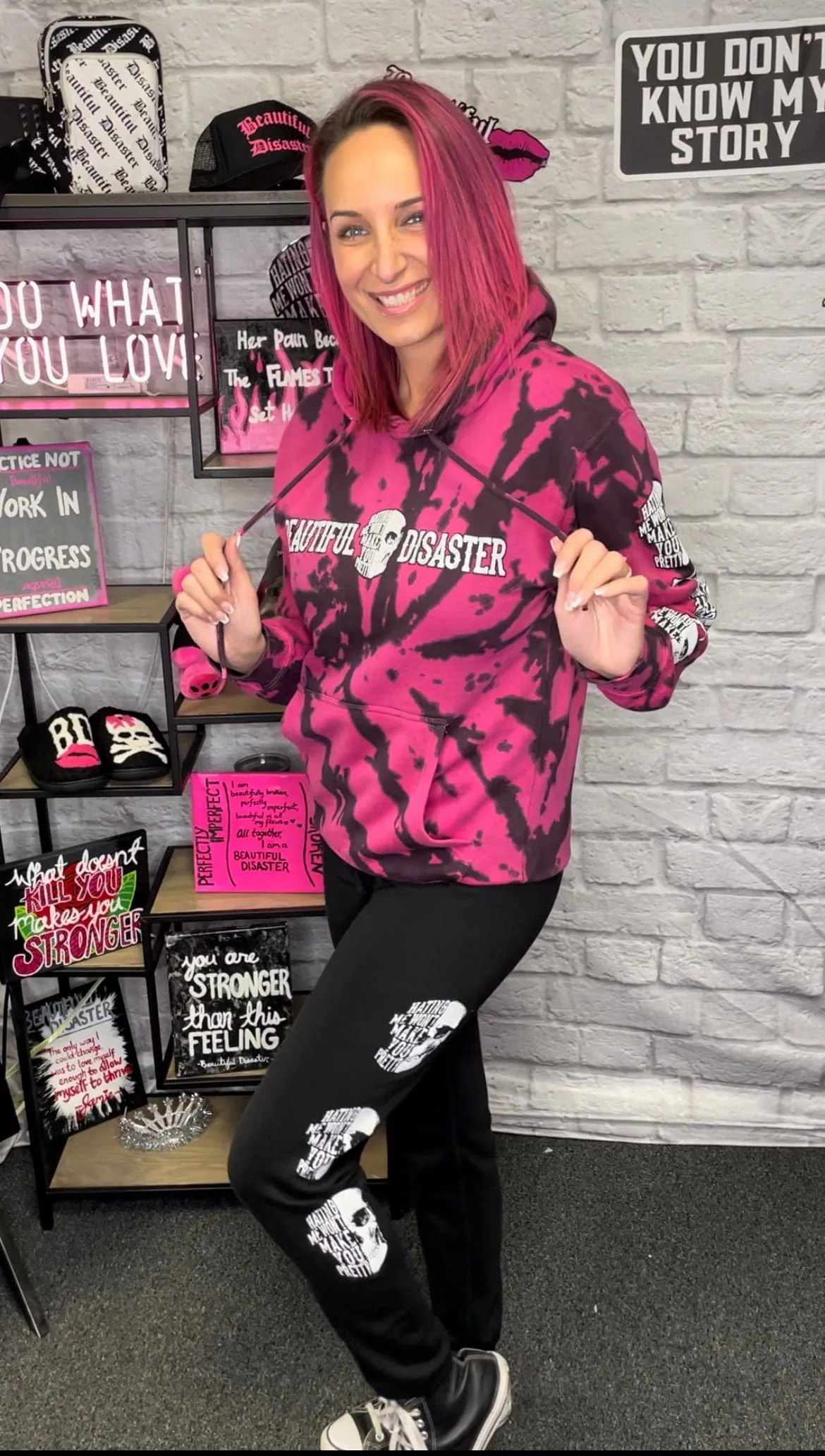 Hating Me Tie Dye Pullover Hoodie - Pink/Black