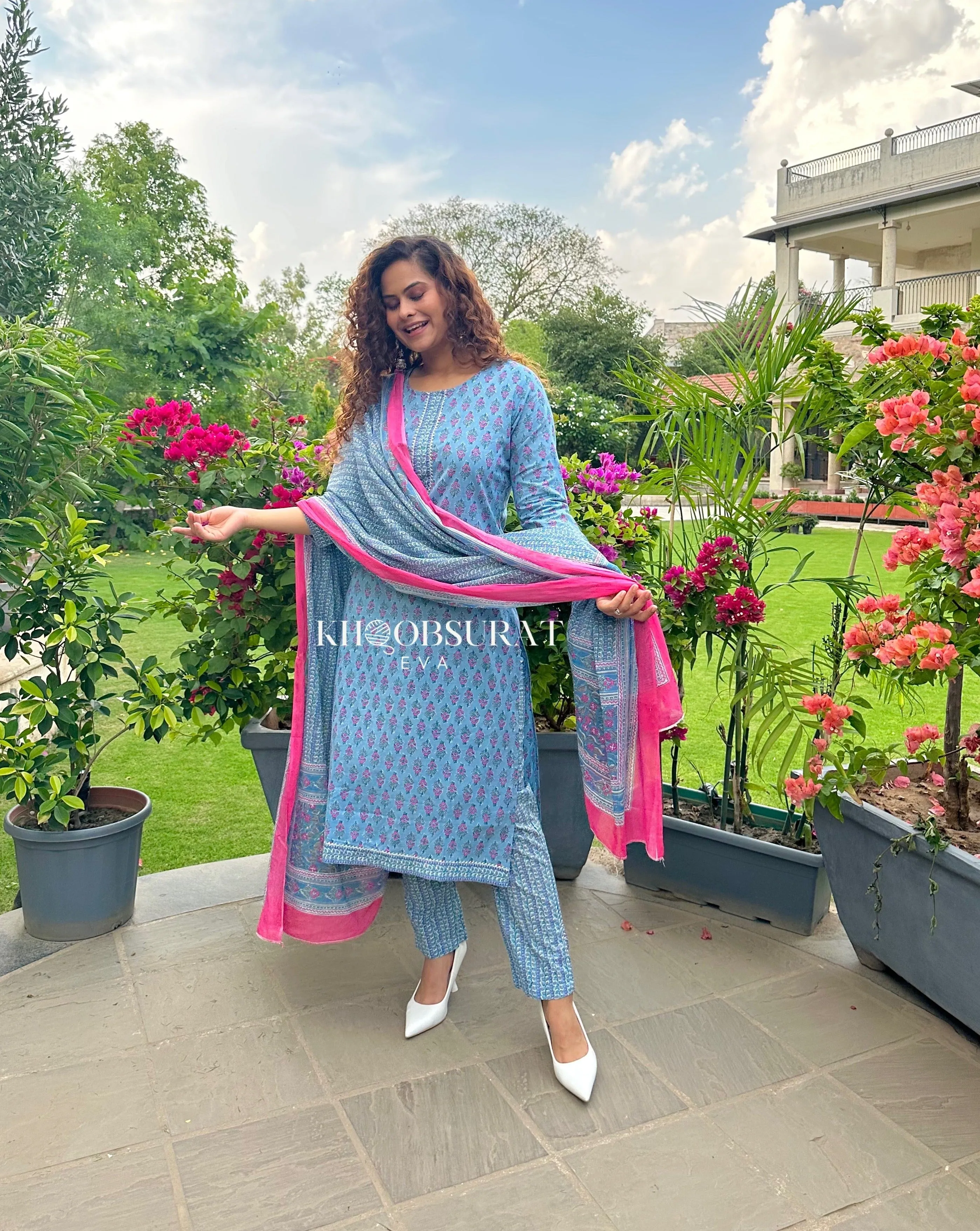 Elegant Windy Blue Handblock Print Suit Set